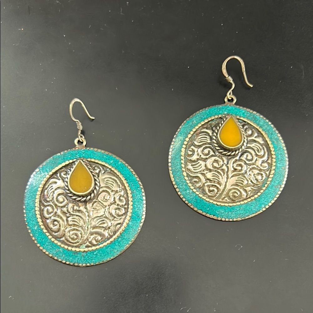 Silver and turquoise circular Tibetan earrings